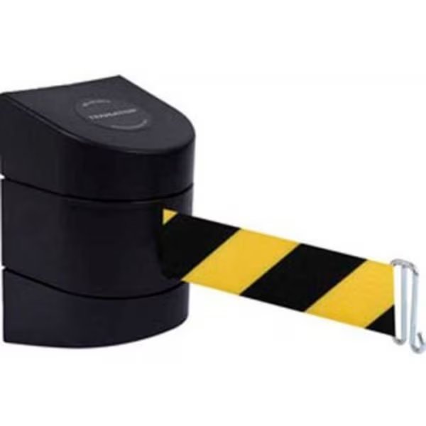 Tensabarrier Warehouse Retractable Belt Barrier, Rack Mount, Black Case W/15' Blk/Yellow Belt, Lawrence Metal Prod., Mfr#: 897-15-W-33-NO-D4X-A