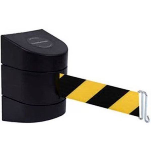Tensabarrier Warehouse Retractable Belt Barrier, Rack Mount, Black Case W/24' Blk/Yellow Belt, Lawrence Metal Prod., Mfr#: 897-24-W-33-NO-D4X-A