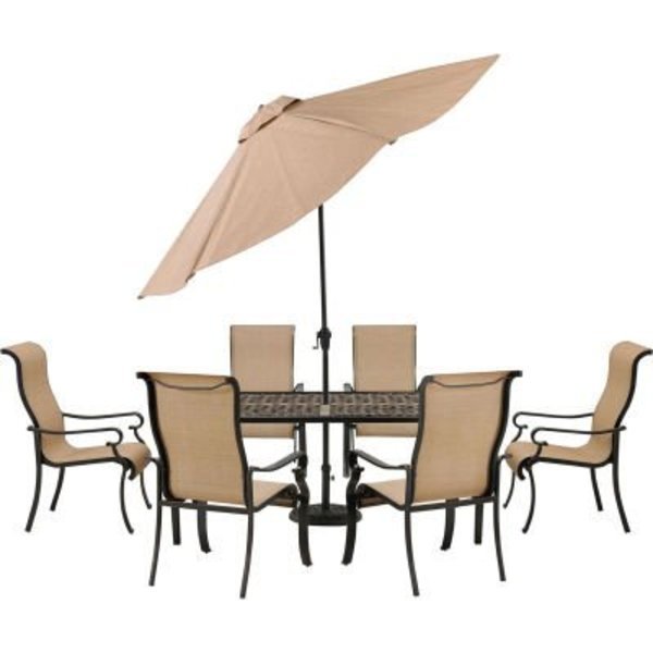 Hanover Brigantine 7 Piece Outdoor Dining Set w/ Cast Top Table & Umbrella, Harverst Wheat, Almo Fulfillment Services, Mfr#: BRIGDN7PC-SU