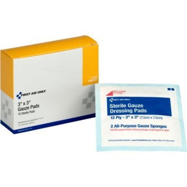 First Aid Only Sterile Gauze Pads, 3in x 3in, 10/Box, 24PK, Acme United, Mfr#: 3-200