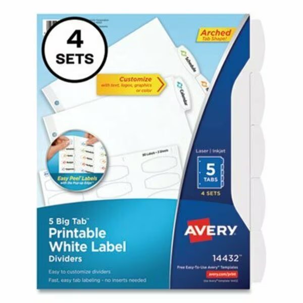 Big Tab Printable White Label Tab Dividers, 5-Tab, Letter, White, 4PK, Avery, Mfr#: 14432