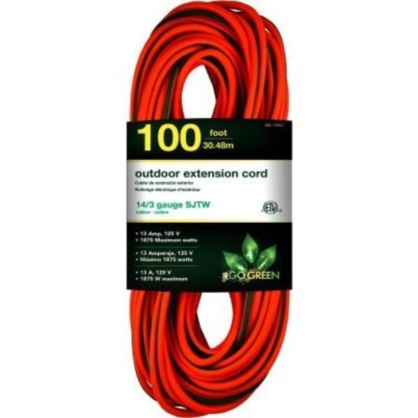 GoGreen Power, , 100 Ft Extension Cord, 14/3, Orange/Green, Gogreen, Mfr#: GG-13800
