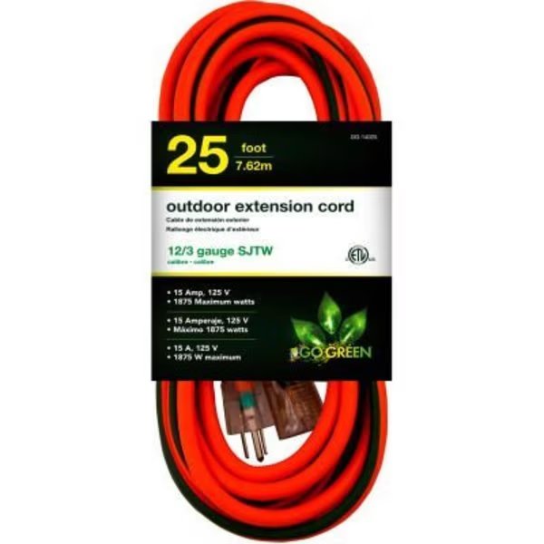 GoGreen Power, , 25 Ft Extension Cord - Orange/Green, Gogreen, Mfr#: GG-14025