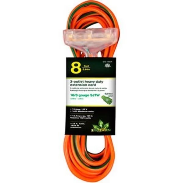 GoGreen Power 16/3 SJTW 8ft 3 Outlet Heavy Duty Extension Cord, - Orange, Gogreen, Mfr#: GG-15008