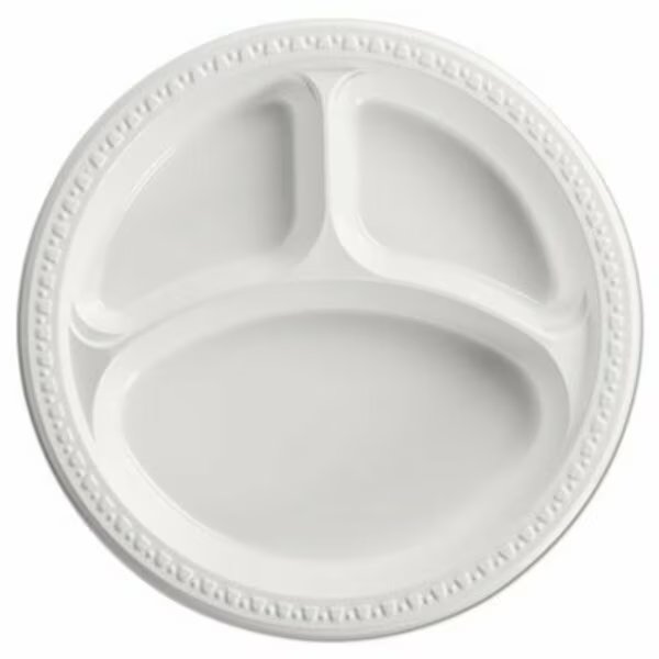 Chinet, Heavyweight Plastic 3 Compartment Plates, 10 1/4in Dia, White, 4PK, Huhtamaki, Mfr#: 81230