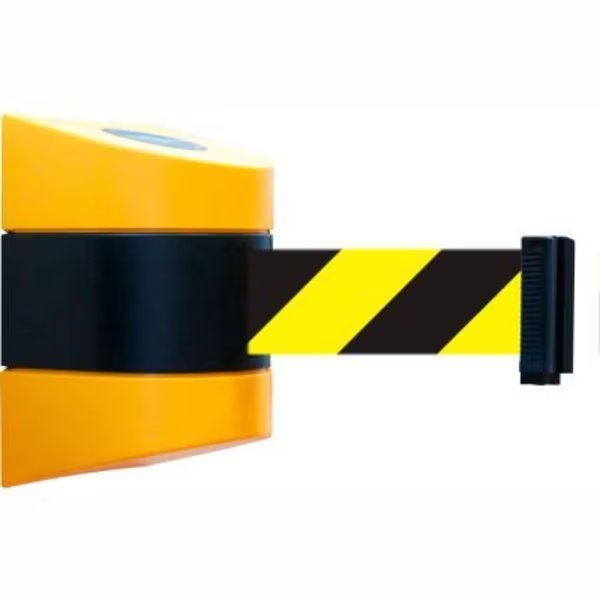 Tensabarrier Wall Mount Retractable Belt Barrier, Yellow Case W/15' Black/Yellow Belt, Lawrence Metal Prod., Mfr#: 897-15-S-35-NO-D4X-C