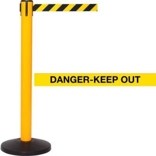 SafetyPro 300 Retractable Belt Barrier, 40in Yellow Post, 16' Yellow inDanger-Keep Outin Belt, Queue Solutions, Mfr#: SPRO300Y-YBD
