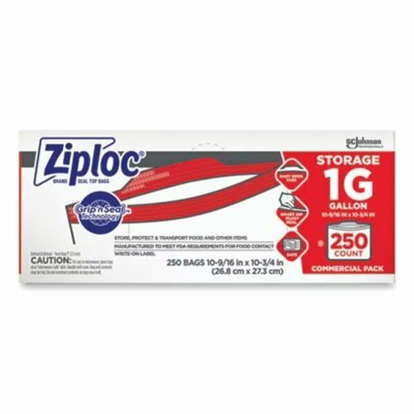 Ziploc, DOUBLE ZIPPER STORAGE BAGS, 1 GAL, 1.75 MIL, 10.56in X 10.75in, CLEAR, 250/BOX, Sc Johnson, Mfr#: 682257