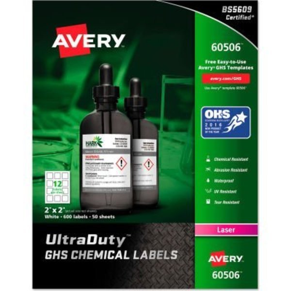 Avery GHS Chemical Waterproof & UV Resistent Labels, Laser, 2in x 2in, 600/Box, Avery Dennison, Mfr#: 60506