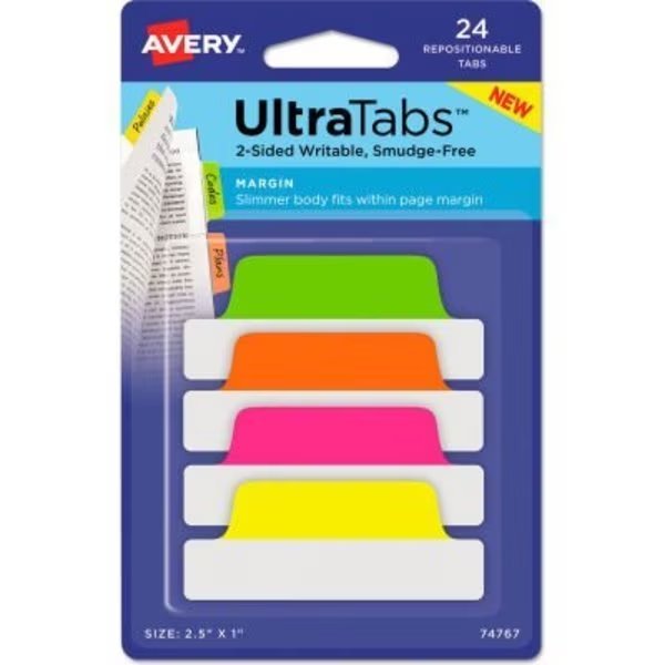 Avery Ultra Tabs Repositionable Tabs, 2-1/2in x 1in, Neon: Green, Orange, Pink, Yellow, 24/Pack, Avery Dennison, Mfr#: 74767