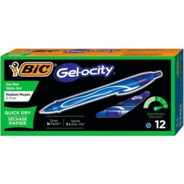 BIC Gel-ocity Quick Dry Retractable Gel Pen, Medium 0.7mm, Blue Ink/Barrel, Dozen, Bic, Mfr#: RGLCG11-BE