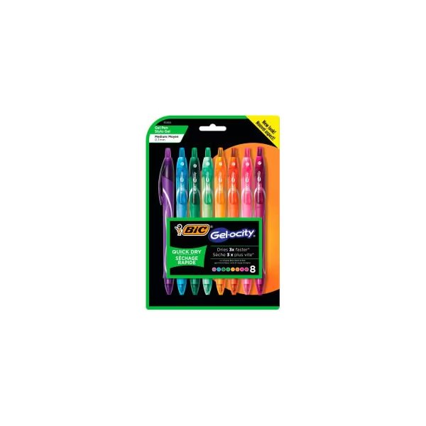 BIC Gel-ocity Quick Dry Retractable Gel Pen, 0.7mm, Assorted Ink/Barrel, 8/Pack, Bic, Mfr#: RGLCGAP81-AST