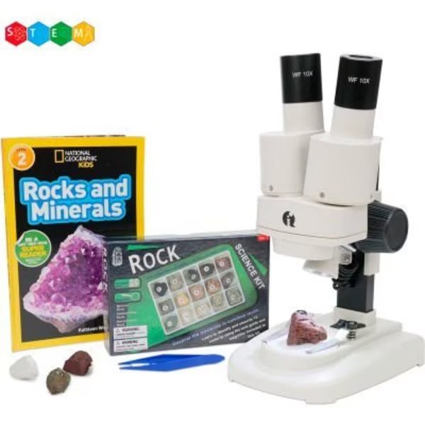 AmScope 20X-50X Kid's Deluxe Stereo Microscope with Rock, Mineral Kit, Dual-Illumination, United Scope., Mfr#: SE102LED-15A-NGRK-TW