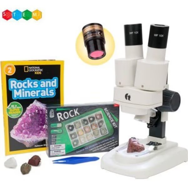 AmScope 20X-50X Kid's Deluxe Stereo Microscope with Digital Camera, Fossil Kit, Dual-Illumination, United Scope., Mfr#: SE102LED-15A-NGRK-TW-E