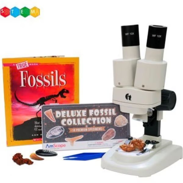 AmScope 20X-50X Kid's Deluxe Stereo Microscope with Fossil Kit, Dual-Illumination, United Scope., Mfr#: SE102LED-18FOS-FSL-TW