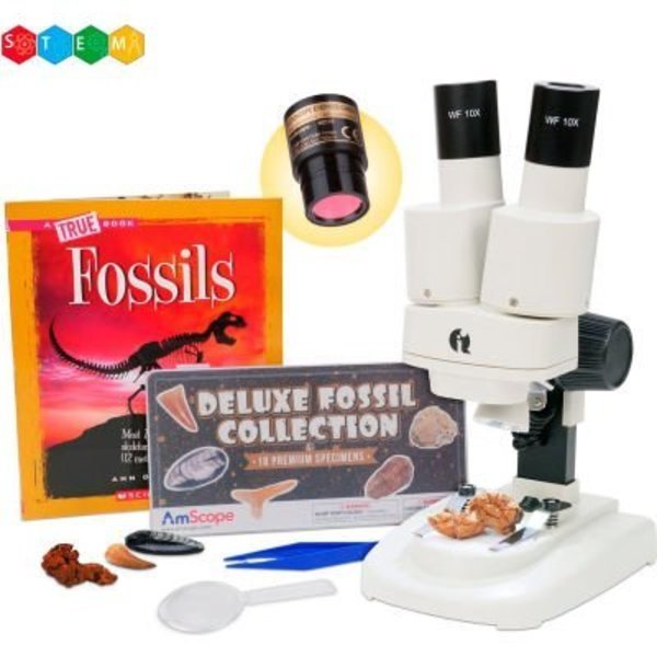 AmScope 20X-50X Kid's Deluxe Stereo Microscope with Digital Camera, Fossil Kit, Dual-Illumination, United Scope., Mfr#: SE102LED-18FOS-FSL-TW-E