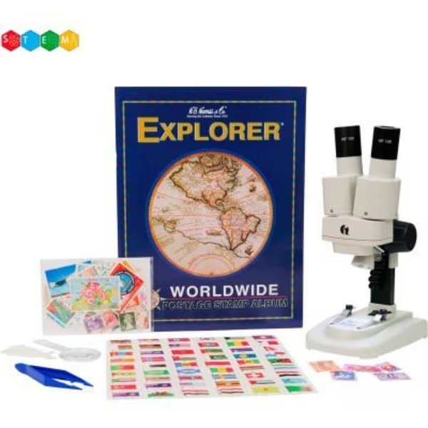 AmScope 20X-50X Kid's Deluxe Stereo Microscope with Stamp Kit, Dual-Illumination, United Scope., Mfr#: SE102LED-STMP-TW