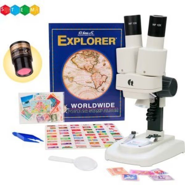 AmScope 20X-50X Kid's Deluxe Stereo Microscope with Digital Camera, Stamp Kit, Dual-Illumination, United Scope., Mfr#: SE102LED-STMP-TW-E