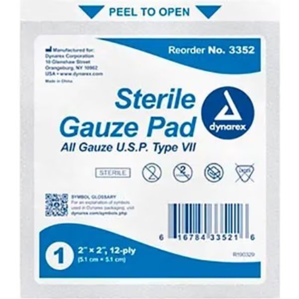 Dynarex Gauze Pad, Sterile, 2inL x 2inW, 12 Ply, 2400 Pcs, Dynarex, Mfr#: 3352