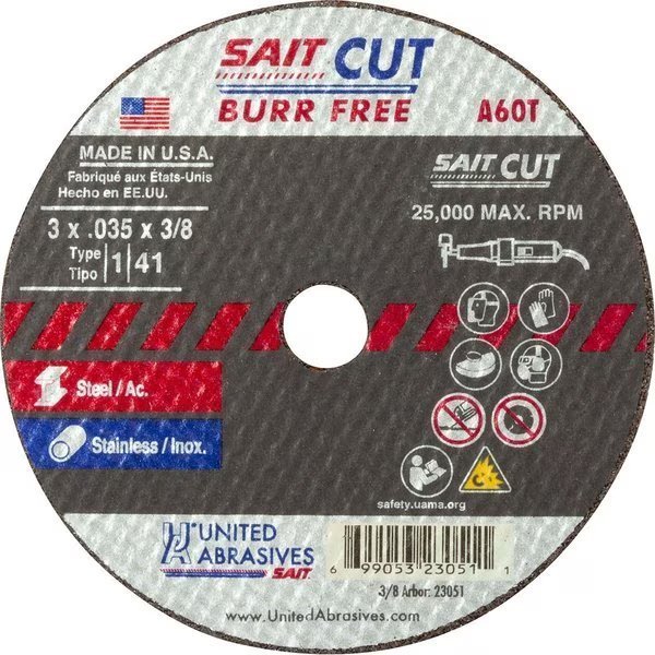 United Abrasives - Sait Cut Off Wheel Type 1 A60T 4" x .035" x 3/8" 60 Grit Aluminum Oxide, United Abrasives/Sait, Mfr#: 23070
