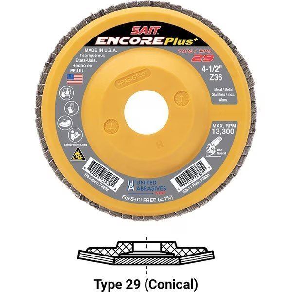United Abrasives - Sait Encore Flap Disc Type 29 4-1/2 " x 7/8" 60 Grit Zirconium, United Abrasives/Sait, Mfr#: 72240