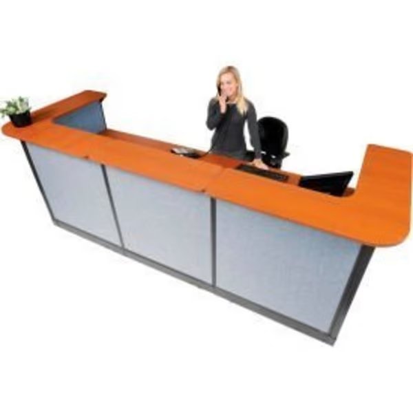 Interion    U-Shaped Reception Station w/Raceway 124"W x 44"D x 46"H Cherry Counter Blue Panel, Global Equipment, Mfr#: 249010NCB