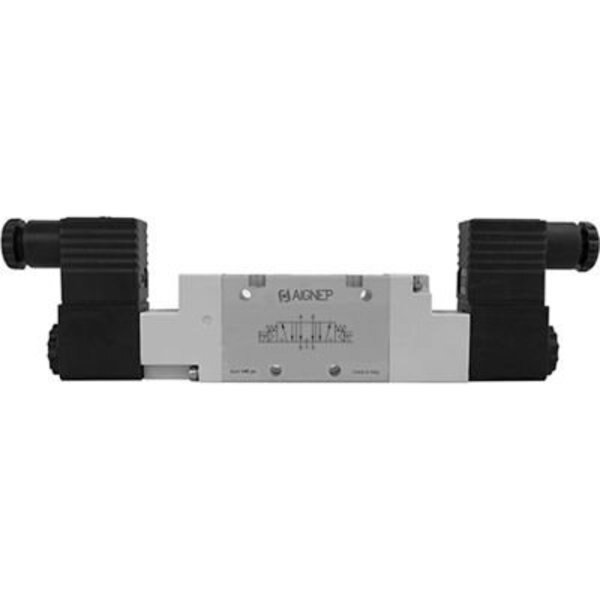 Aignep USA 5/3 Dbl Solenoid Valve, Pilot/Spr Cntred, Closed Cntr, G1/8, 12V DC/3W Coil, Black Conn., Alpha Technologies, Mfr#: 01VS07CC020101