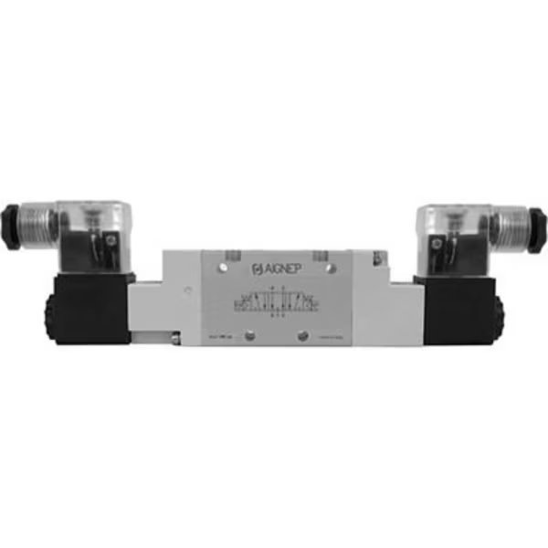 Aignep USA 5/3 Dbl Solenoid Valve, Pilot/Spring Cntred Closed Cntr G 1/2, 12V DC/3W Coil, LED Conn., Alpha Technologies, Mfr#: 01VS07CC050102