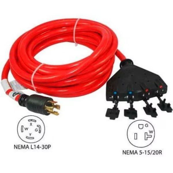 Conntek 20611, 25', 30A, Generator Power Cord with NEMA L14-30P to 5-15/20R *4, Conntek, Mfr#: 20611