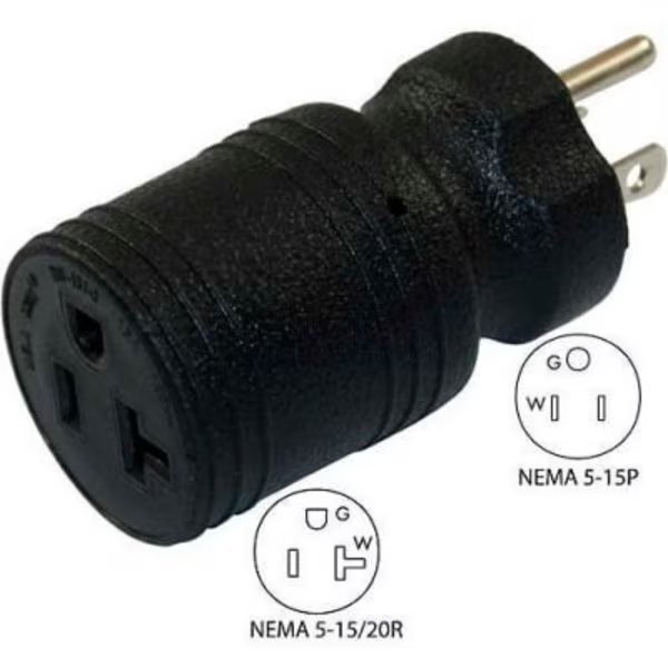Conntek 30129 15 to 15/20-Amp Straight Blade Adapter with NEMA 5-15P to 5-15/20R, Black, Conntek, Mfr#: 30129