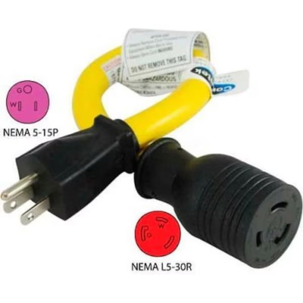 Conntek P515L530, 15 to 30-Amp Locking Generator Adapter with NEMA 5-15P to L5-30R, Yellow, Conntek, Mfr#: P515L530