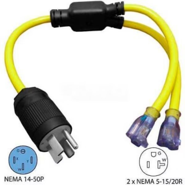 Conntek Y1450520S, 3-Feet 50 to 15/20-Amp Generator Y Adapter with NEMA 14-50P to 5-15/20R, Yellow, Conntek, Mfr#: Y1450520S
