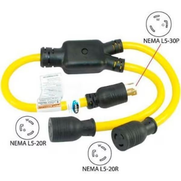 Conntek YL530520, 3', 30 to 20-Amp Generator Y Adapter with NEMA L5-30P to L5-20R*2, Yellow, Conntek, Mfr#: YL530520