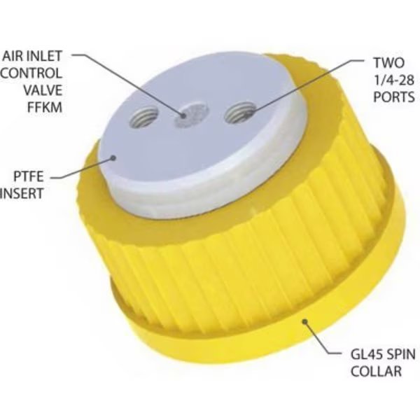 CP Lab Safety 2-Port Cap with Air Inlet Valve and Plugs, For Glass Bottles with GL45 Closure, Yellow, Cp Lab Safety., Mfr#: WF-GL45-AI-2KIT