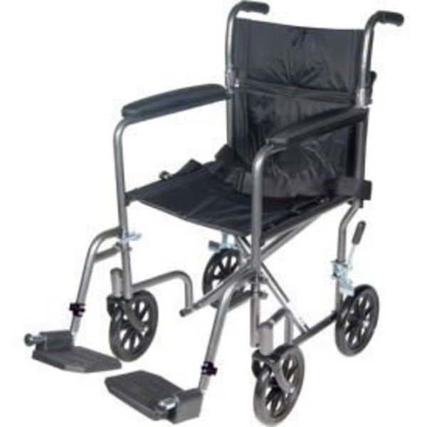 Lightweight Steel Transport Wheelchair, 19"W Seat, Silver Vein Frame and Black Upholstery, Drive Medical, Mfr#: TR39E-SV
