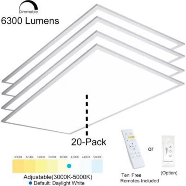 eSenLite® 2x4ft 50W 6500 LM LED Ceiling Panel Troffer Light 3000-5000K CCT Dim w/ Remote 20 PK, E E Systems Group, Mfr#: EEFPTL2460W-R20