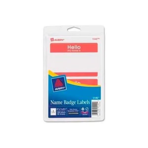 Avery® "Hello, my name is" Name Badge Labels, 2-11/32" x 3-3/8", Red, 100 Labels/Pack, Avery, Mfr#: 5140