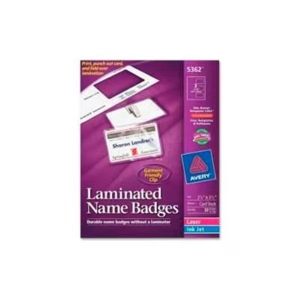Avery® Laminated Name Badge with Clips, 2-1/4" x 3-1/2", White, 30/Box, Avery, Mfr#: 5362