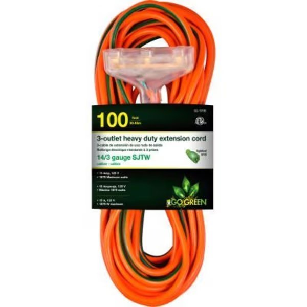 GoGreen Power, 14/3 100' 3-Outlet Heavy Duty Extension Cord, GG-15100, Lighted End, Gogreen, Mfr#: GG-15100