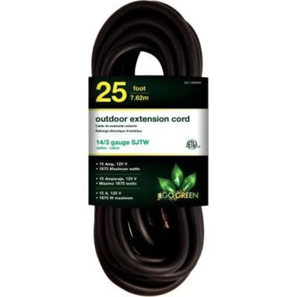 GoGreen Power, GG-13825BK, 25 Ft Extension Cord - Black, Gogreen, Mfr#: GG-13825BK