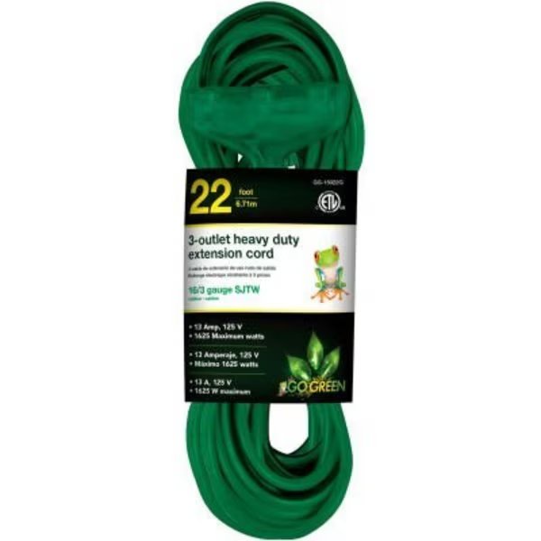 GoGreen Power 16/3 SJTW 22ft 3 Outlet Heavy Duty Extension Cord, GG-15022GN - Green, Gogreen, Mfr#: GG-15022GN
