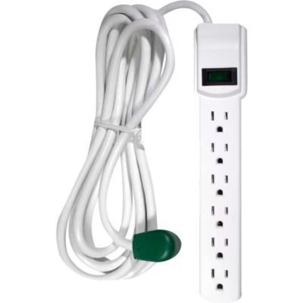 Surge Protected Power Strip, 6 Outlets, 15A, 250 Joules, 12' Cord, White, Gogreen, Mfr#: GG-16103M-12