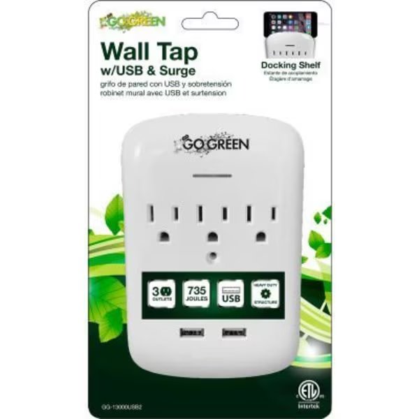 GoGreen Power 3 Outlet wall tap with 2 USB ports, 735 Joules, GG-13000USB2-PKG - White, Gogreen, Mfr#: GG-13000USB2-PKG