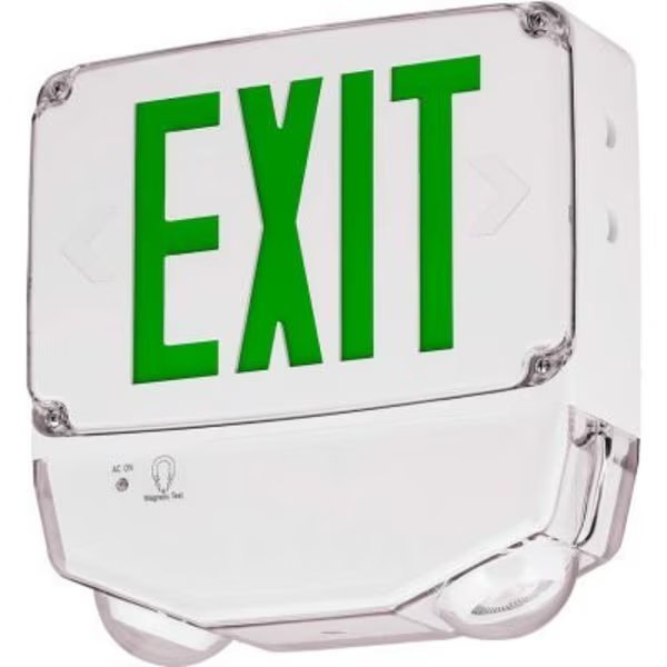 Hubbell LED Combo Exit/Emerg Light, Wet Listed, Green Letters, White, One Face, Cold Temp., Hubbell Lighting, Mfr#: CWC1GW-CT