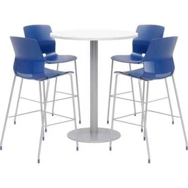 KFI 42" Round Bistro Table & 4 Barstool Set, White Table With Navy Stools, Kfi, Mfr#: OLTFL42RD-B1922-SL-41-D354-4-OL2700BR-P