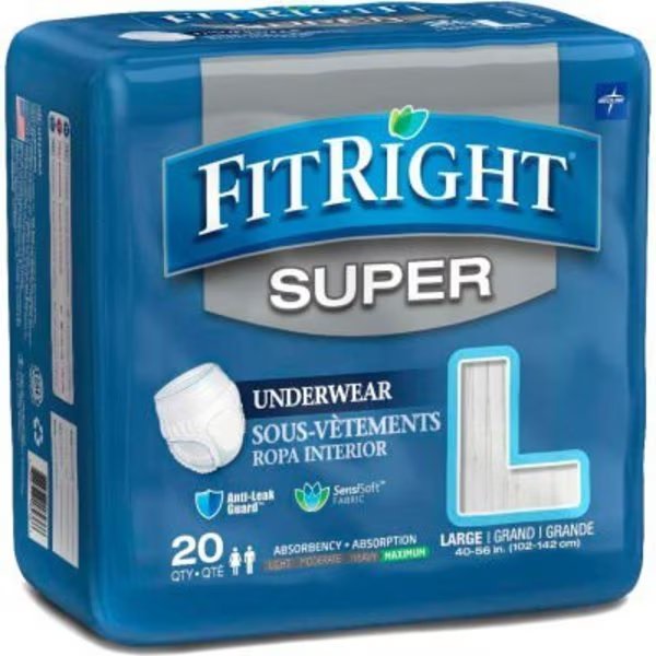 Medline® FitRight Super Protective Underwear, Size L, Waist Size 40"-56", 20/Bag, Medline Industries, Inc, Mfr#: FIT33505AZ