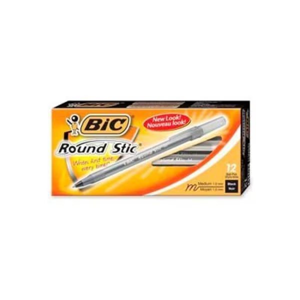 Bic® Round Stic Ballpoint Pen, Medium, Black Ink, Dozen, Bic, Mfr#: GSM11BK