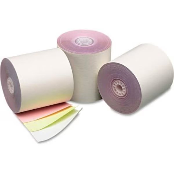 PM Company® Three-Ply Cash Register/POS Rolls 07638, 3"x70', White/Canary/Pink, 50 Rolls/Carton, Pm Company, Mfr#: 7638