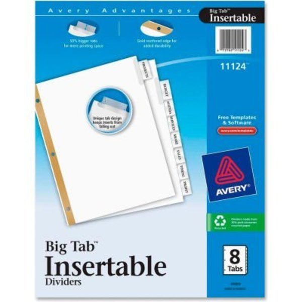 Avery WorkSaver Big Tab Insertable Tab Divider, Blank, 8.5"x11", 8 Tabs, White/Clear, Avery Dennison, Mfr#: 11124