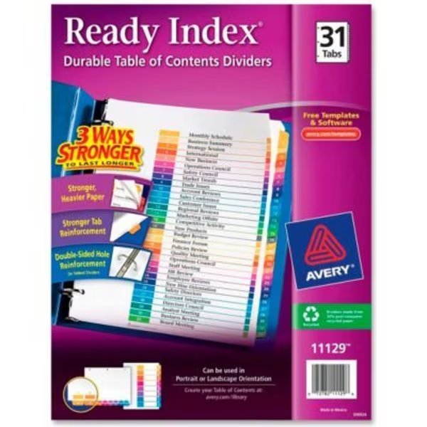 Avery Ready Index T.O.C. Reference Divider, 1 to 31, 8.5"x11", 31 Tabs, White/Multi, Avery Dennison, Mfr#: 11129